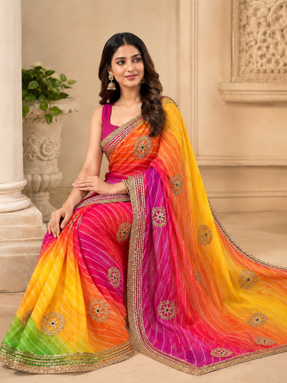 RAJASTHANI PACHRANGA LAHARIYA SAREE CHINON CHIFFON FABRIC WITH KACCHA GOTA WORK BY SKFBHOLUBHAI