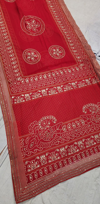 RAJASTHANI KARWACHOTH SPEICEL RED COLOUR SAREE GERMAN CHIFFON FABRIC WITH GOTA AND CUTDANA WORK BY SKFBHOLUBHAI