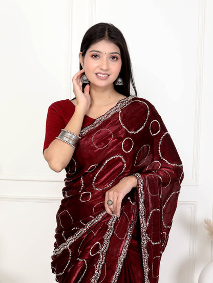 MAHROON HANDWORK FRENDY TISSUE SHIMMER SAREE