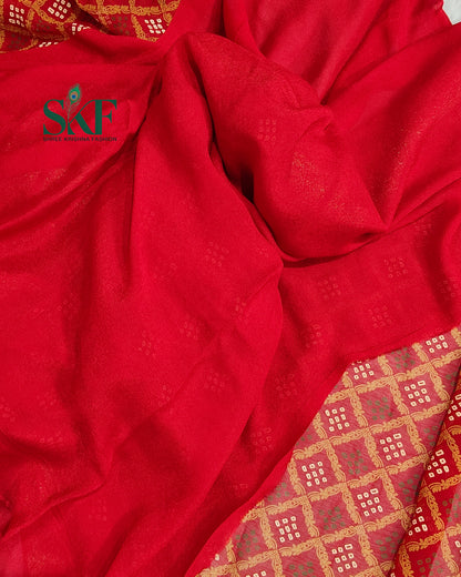 KHADI NEEM JARI GEORGETTE BHANDHANI MAHROON SAREE BY SKFBHOLUBHAI