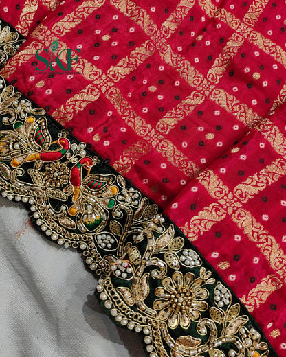KHADI NEEM JARI GEORGETTE GHATCHOLA BHANDHANI HEAVY WORK BORDER RANIPINK SAREE BY SKFBHOLUBHAI