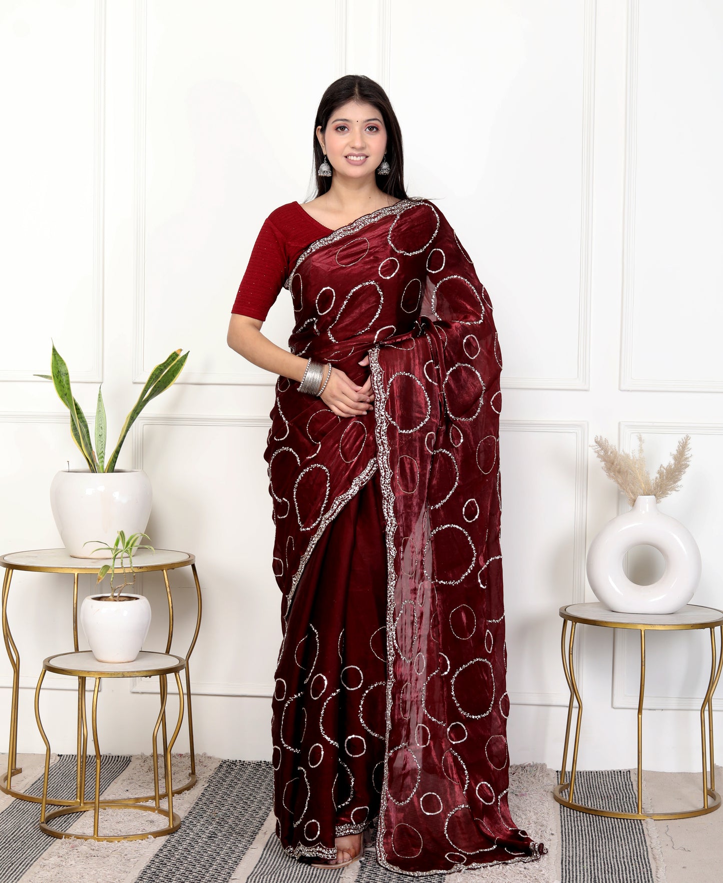 MAHROON HANDWORK FRENDY TISSUE SHIMMER SAREE