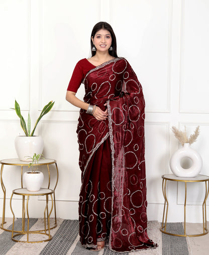 MAHROON HANDWORK FRENDY TISSUE SHIMMER SAREE