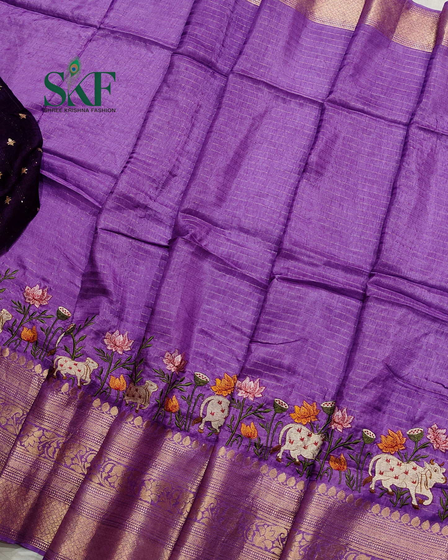 DOLA SILK MOTIF EMBROIDERY PANEL WEAVING BORDER WORK LAVENDER SAREE BY SKFBHOLUBHAI