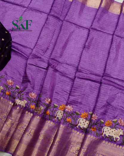 DOLA SILK MOTIF EMBROIDERY PANEL WEAVING BORDER WORK LAVENDER SAREE BY SKFBHOLUBHAI