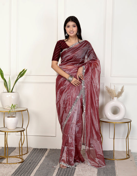 SHIMMER TWILL NET STRIPS HANDWORK SAREE