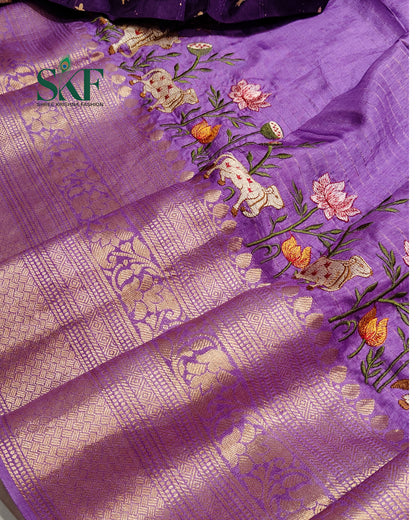 DOLA SILK MOTIF EMBROIDERY PANEL WEAVING BORDER WORK LAVENDER SAREE BY SKFBHOLUBHAI