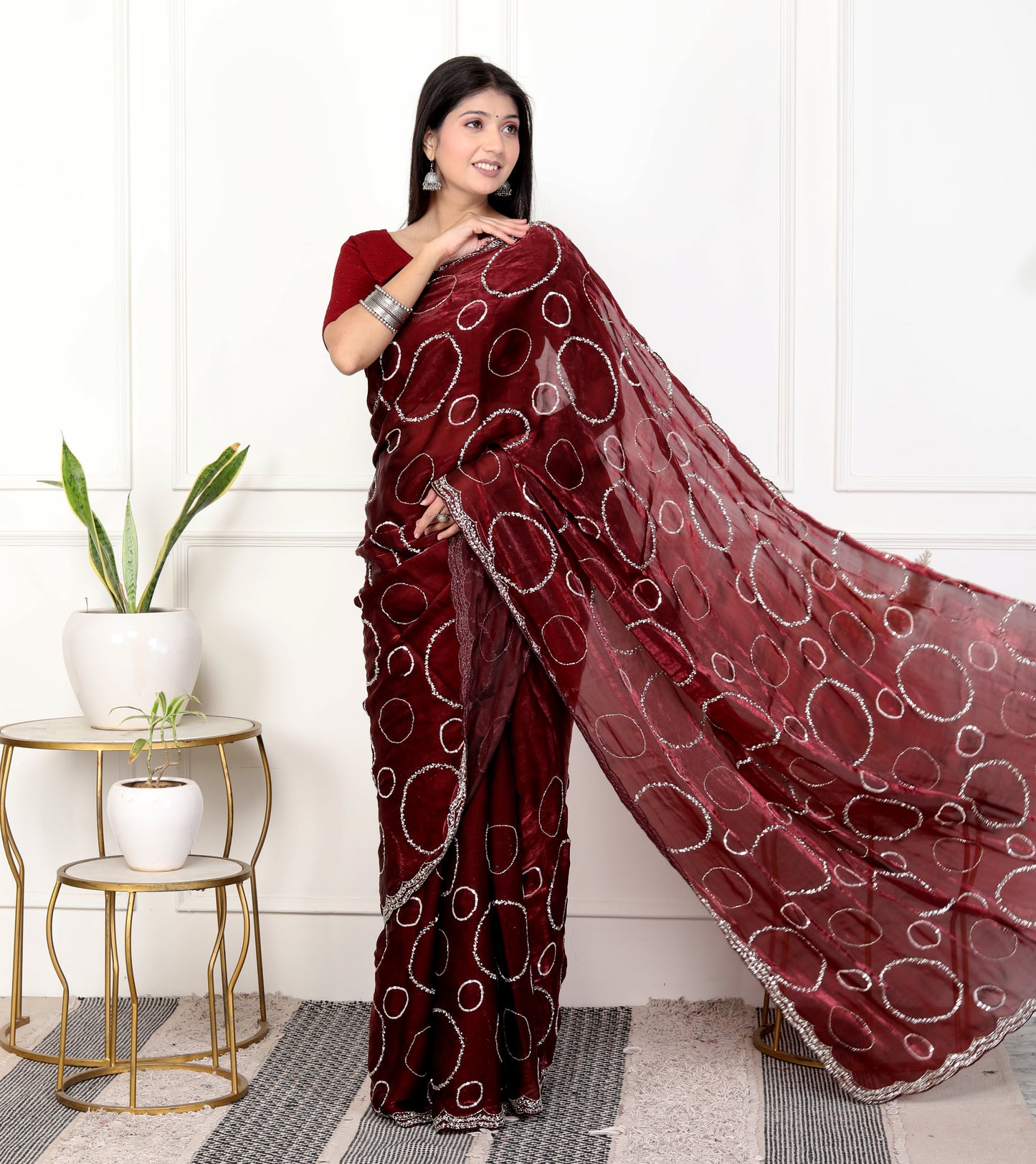 MAHROON HANDWORK FRENDY TISSUE SHIMMER SAREE