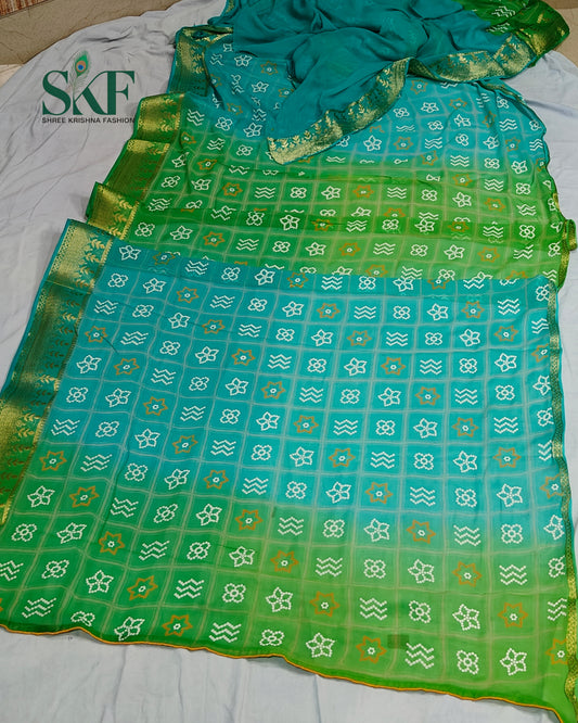 GEORGETTE GHATCHOLA BHANDHANI RAMAGREEN OMBREDYE WEAVING SAREE BY SKFBHOLUBHAI