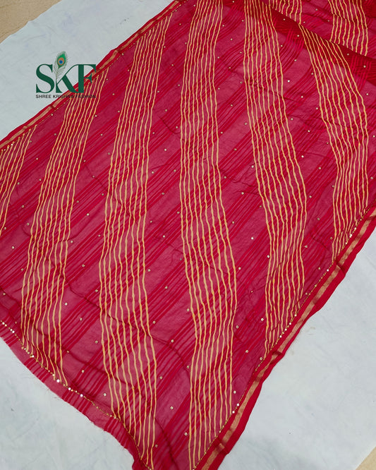 CHIFFON VISCOSE LEHRIYA AARI MIRROR LINEING WORK RANIPINK SAREE BY SKFBHOLUBHAI