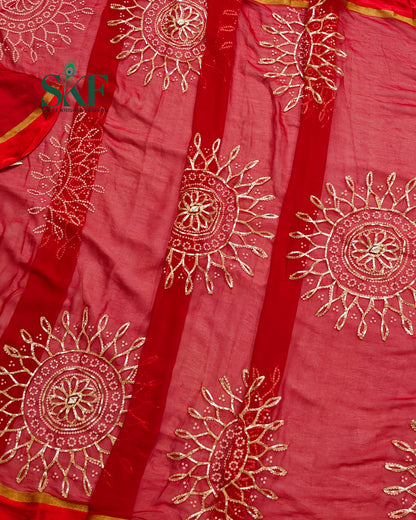 DIAMOND CHIFFON BHANDHANI KACHAGOTTA WORK RED SAREE BY SKFBHOLUBHAI