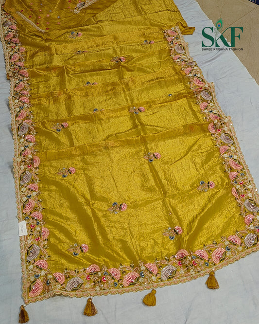 CRUSH TISSUE SIPPI SEQUENCE EMBROIDERY WORK YELLOW SAREE BY SKFBHOLUBHAI