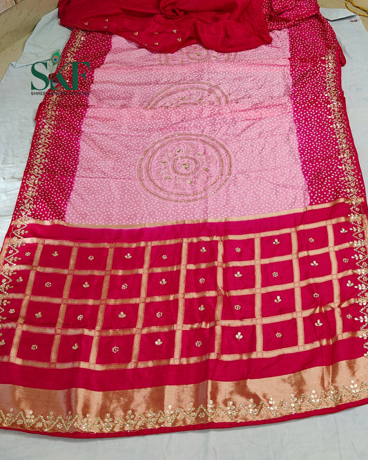 RUSSIAN SILK CHAKRA BHANDHANI GOTTA HANDWORK PINK & RANIPINK SAREE BY SKFBHOLUBHAI