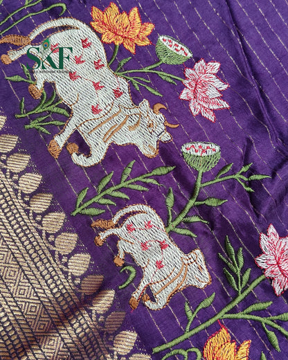 DOLA SILK MOTIF EMBROIDERY PANEL WEAVING BORDER WORK PURPLE SAREE BY SKFBHOLUBHAI