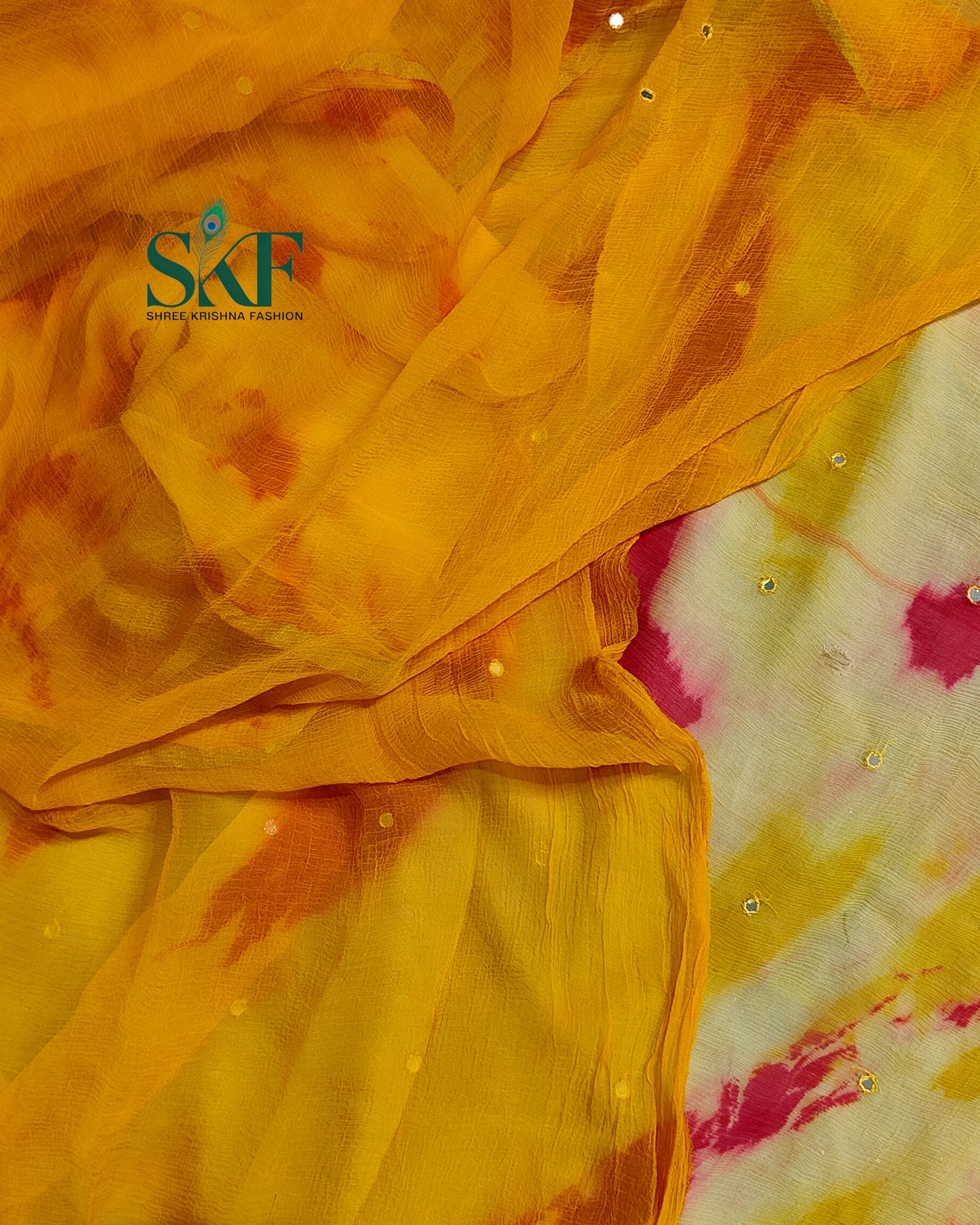 CHIFFON TIEDYE THREAD MIRROR WORK YELLOW SAREE BY SKFBHOLUBHAI