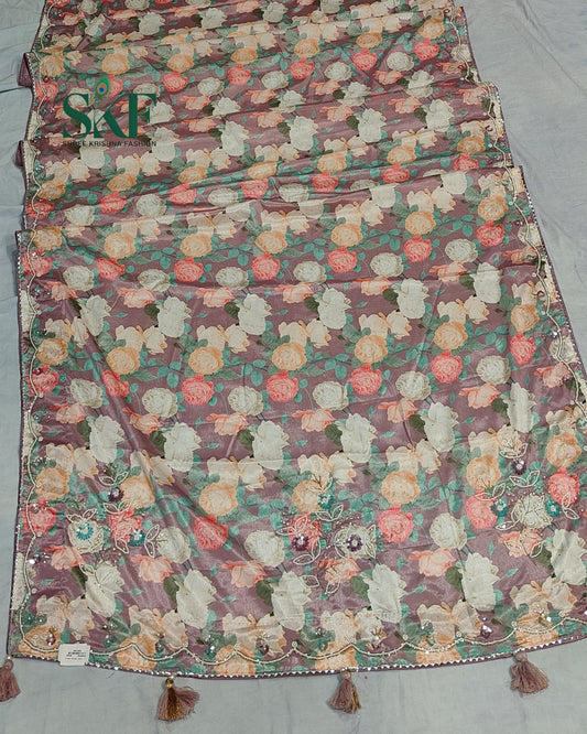 CHINON FLORAL DIGITAL PRINT HANDWORK LAVENDER SAREE BY SKFBHOLUBHAI