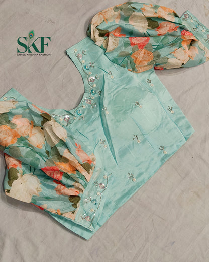 CHINON FLORAL DIGITAL PRINT HANDWORK SEEGREEN SAREE BY SKFBHOLUBHAI