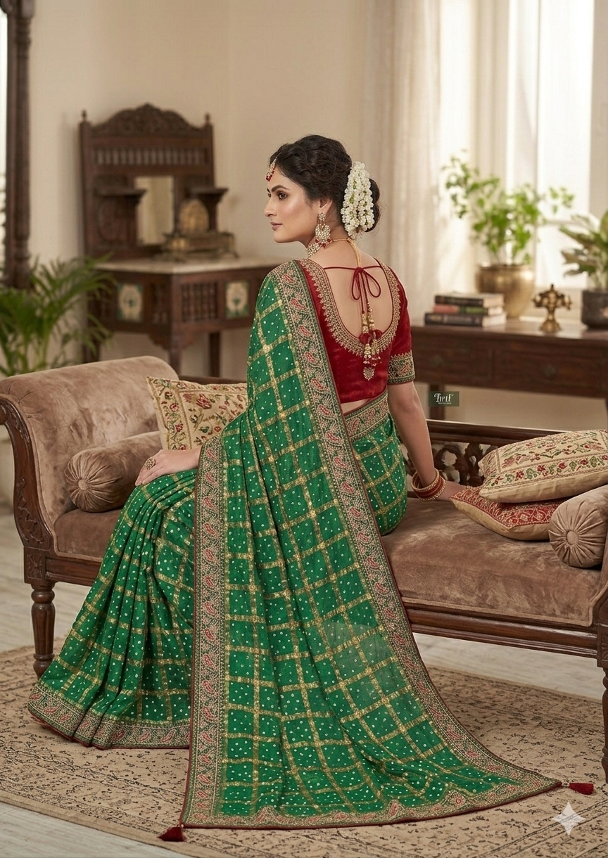 RAJASTHANI GHATCHOLA BANDHANI WITH TRADITIONAL NEEMJARI BORDER SAREE BY SKFBHOLUBHAI