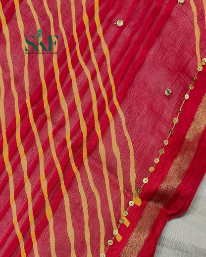 CHIFFON VISCOSE LEHRIYA AARI MIRROR LINEING WORK RANIPINK SAREE BY SKFBHOLUBHAI