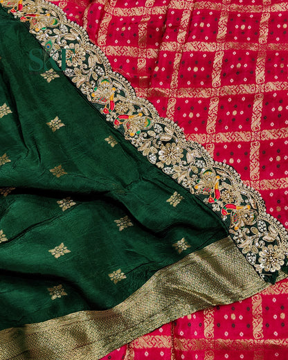 KHADI NEEM JARI GEORGETTE GHATCHOLA BHANDHANI HEAVY WORK BORDER RANIPINK SAREE BY SKFBHOLUBHAI