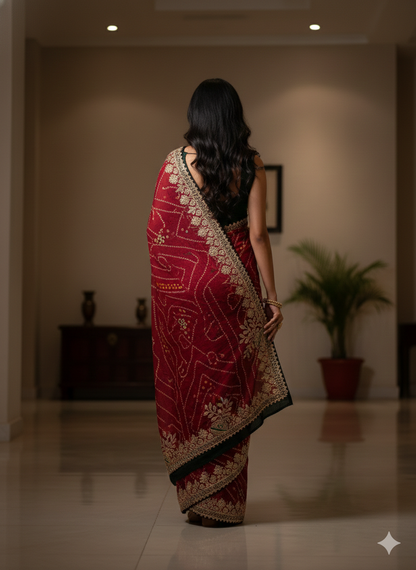 GOTAPATTI WORK RAJASTHANI BANDHANI SAREE BY SKFBHOLUBHAI