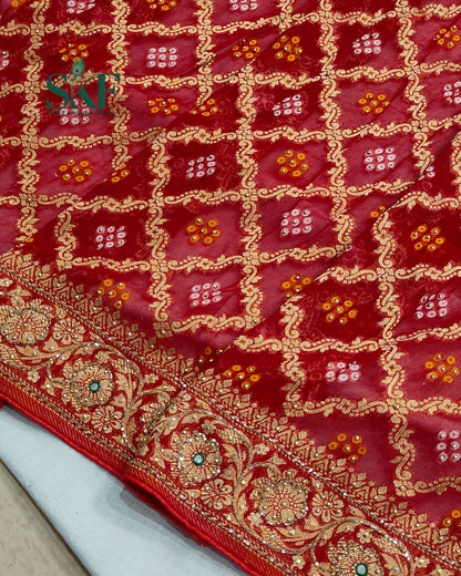 KHADI NEEM JARI GEORGETTE BHANDHANI GREEN STONE ZARDOZI HANDWORK SAREE BY SKFBHOLUBHAI
