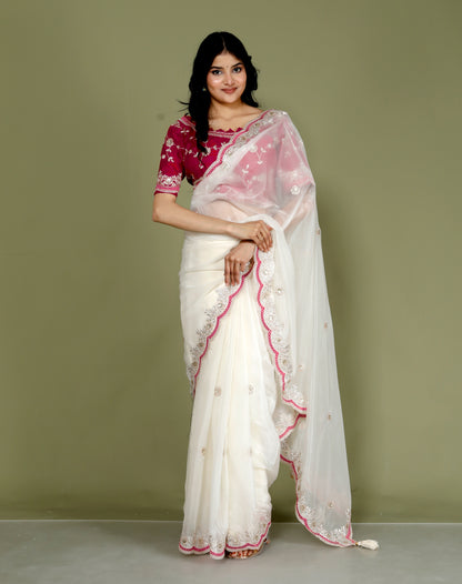 NEAT ORGANZA ZARI EMBROIDERY CUTWORK STICH BLOUSE IVORY SAREE BY SKFBHOLUBHAI