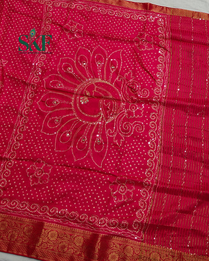 HO SILK BHANDHANI PEACOCK MOTIF AARI AND SEQUENCE WORK RANIPINK SAREE BY SKFBHOLUBHAI