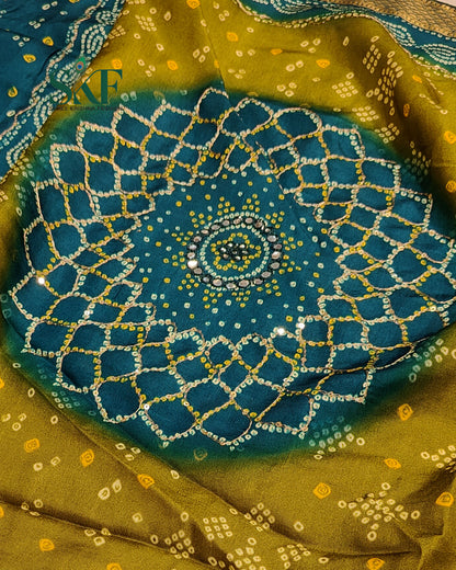 HO SILK BHANDHANI MIRROR WORK TWO TONE TEAL BLUE AND MEHNDI GREEN SAREE BY SKFBHOLUBHAI