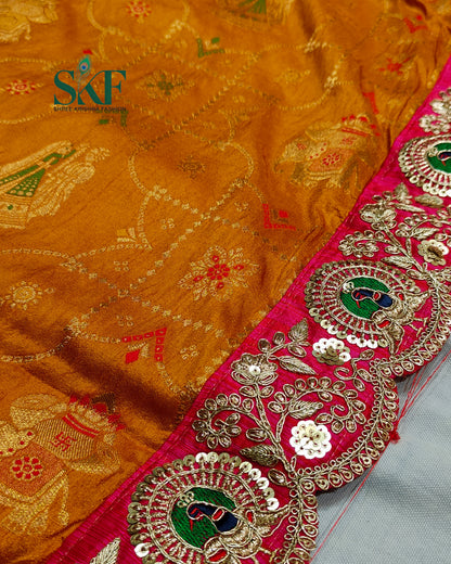 DOLA BANARSI MOTIF WEAVING HEAVY WORK BORDER YELLOW MUSTURD SAREE BY SKFBHOLUBHAI