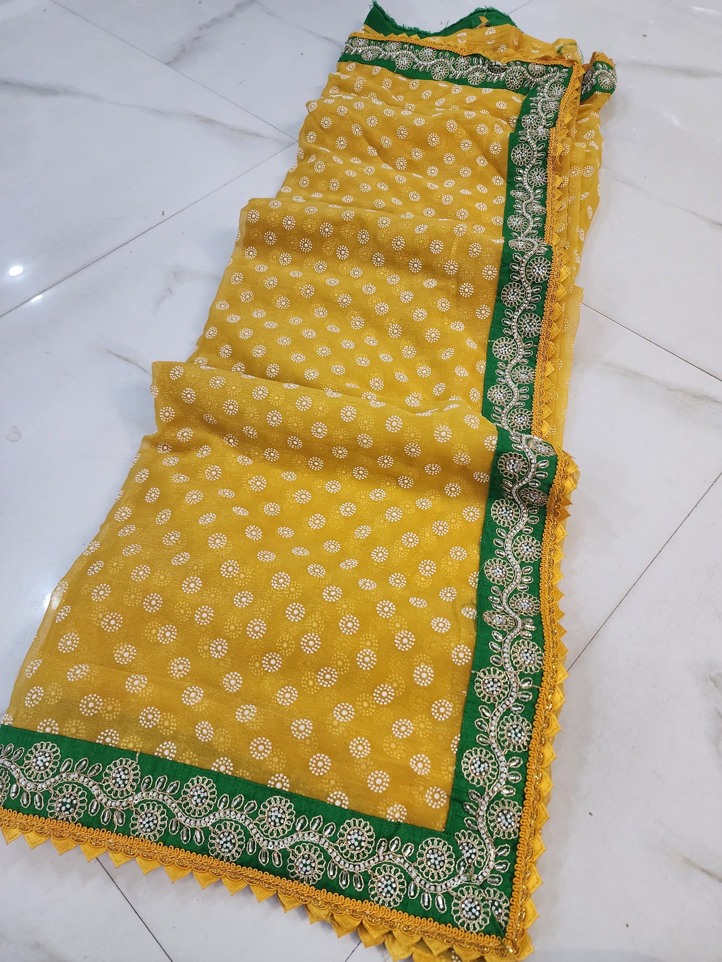 HALDI MEHANDI SPEICEL YELLOW GREEN BORDER SAREE BY SKFBHOLUBHAI