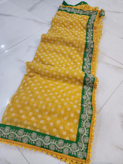 HALDI MEHANDI SPEICEL YELLOW GREEN BORDER SAREE BY SKFBHOLUBHAI