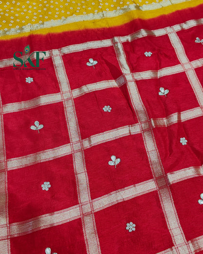 RUSSIAN SILK CHAKRA BHANDHANI GOTTA HANDWORK RED&YELLOW SAREE BY SKFBHOLUBHAI