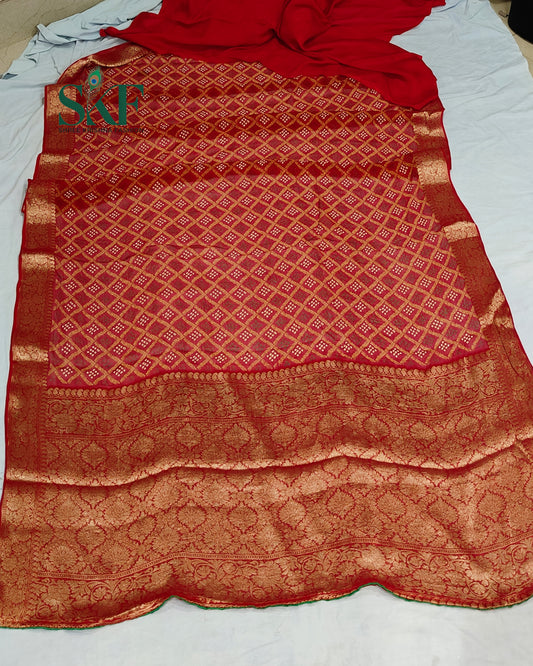 KHADI NEEM JARI GEORGETTE BHANDHANI MAHROON SAREE BY SKFBHOLUBHAI