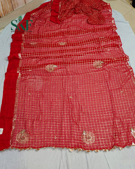 VISCOSS GEORGETTE AARI GOTTA CHEKERD SATIN BORDER WORK RED SAREE BY SKFBHOLUBHAI