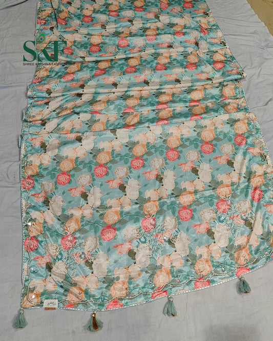 CHINON FLORAL DIGITAL PRINT HANDWORK SEEGREEN SAREE BY SKFBHOLUBHAI