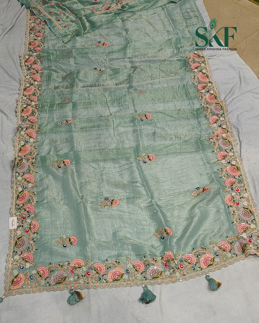CRUSH TISSUE SIPPI SEQUENCE EMBROIDERY WORK SEEGREEN SAREE BY SKFBHOLUBHAI