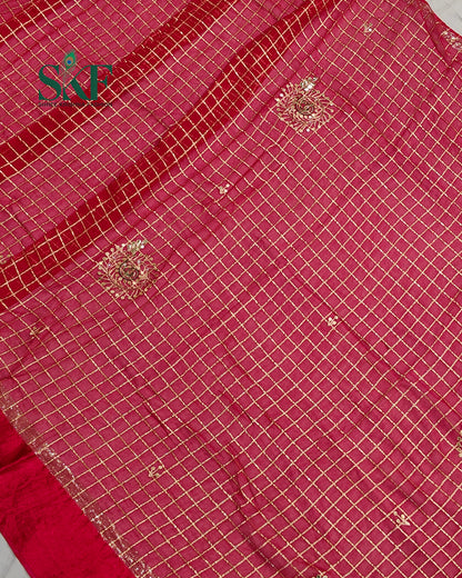 VISCOSS GEORGETTE AARI GOTTA CHEKERD SATIN BORDER WORK RANIPINK SAREE BY SKFBHOLUBHAI