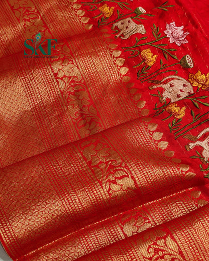 DOLA SILK MOTIF EMBROIDERY PANEL WEAVING BORDER WORK RED SAREE BY SKFBHOLUBHAI