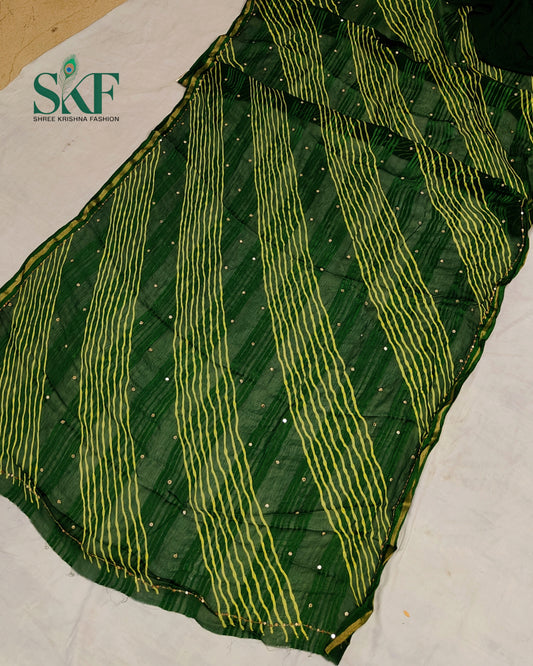 CHIFFON VISCOSE LEHRIYA AARI MIRROR LINEING WORK  BOTTLEGREEN SAREE BY SKFBHOLUBHAI