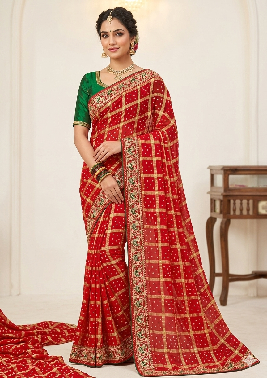 RAJASTHANI GHATCHOLA BANDHANI WITH TRADITIONAL NEEMJARI BORDER SAREE BY SKFBHOLUBHAI
