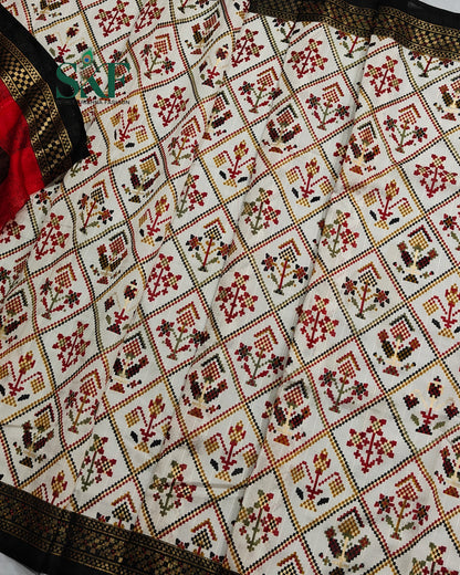 MAURA SILK PATOLA FOIL PRINT WEAVING IVORY SAREE BY SKFBHOLUBHAI