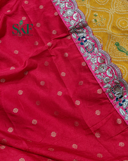 DOLA BANARSI WEAVING  BHANDHANI HEAVY WORK BORDER YELLOW SAREE BY SKFBHOLUBHAI