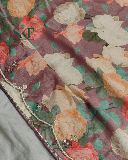 CHINON FLORAL DIGITAL PRINT HANDWORK LAVENDER SAREE BY SKFBHOLUBHAI