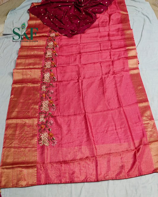 DOLA SILK MOTIF EMBROIDERY PANEL WEAVING BORDER WORK BLUSH PINK SAREE BY SKFBHOLUBHAI