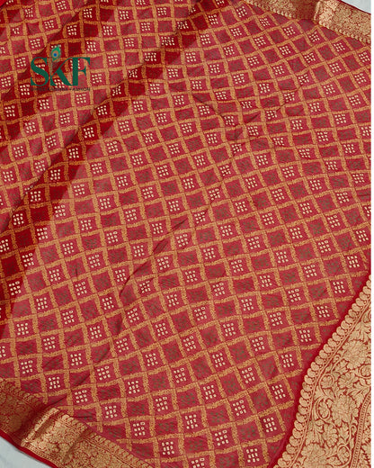 KHADI NEEM JARI GEORGETTE BHANDHANI MAHROON SAREE BY SKFBHOLUBHAI