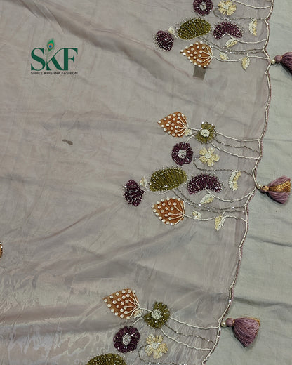 GLASS TISSUE BRUSH PRINT PERAL HANDWORK LIALAC  SAREE BY SKFBHOLUBHAI