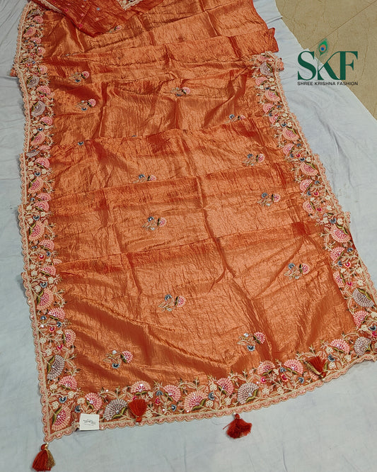 CRUSH TISSUE SIPPI SEQUENCE EMBROIDERY WORK ORANGE RUST SAREE BY SKFBHOLUBHAI