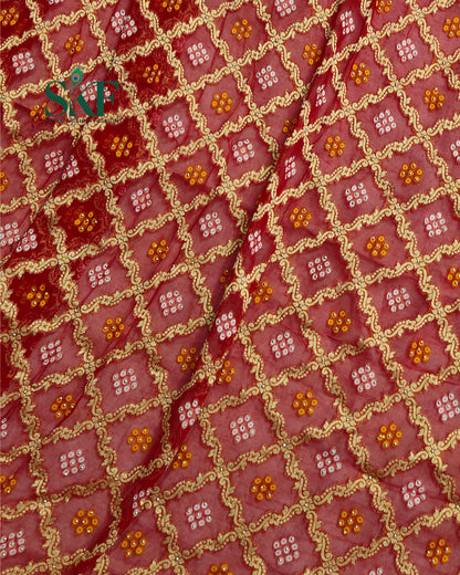 KHADI NEEM JARI GEORGETTE BHANDHANI GREEN STONE ZARDOZI HANDWORK SAREE BY SKFBHOLUBHAI