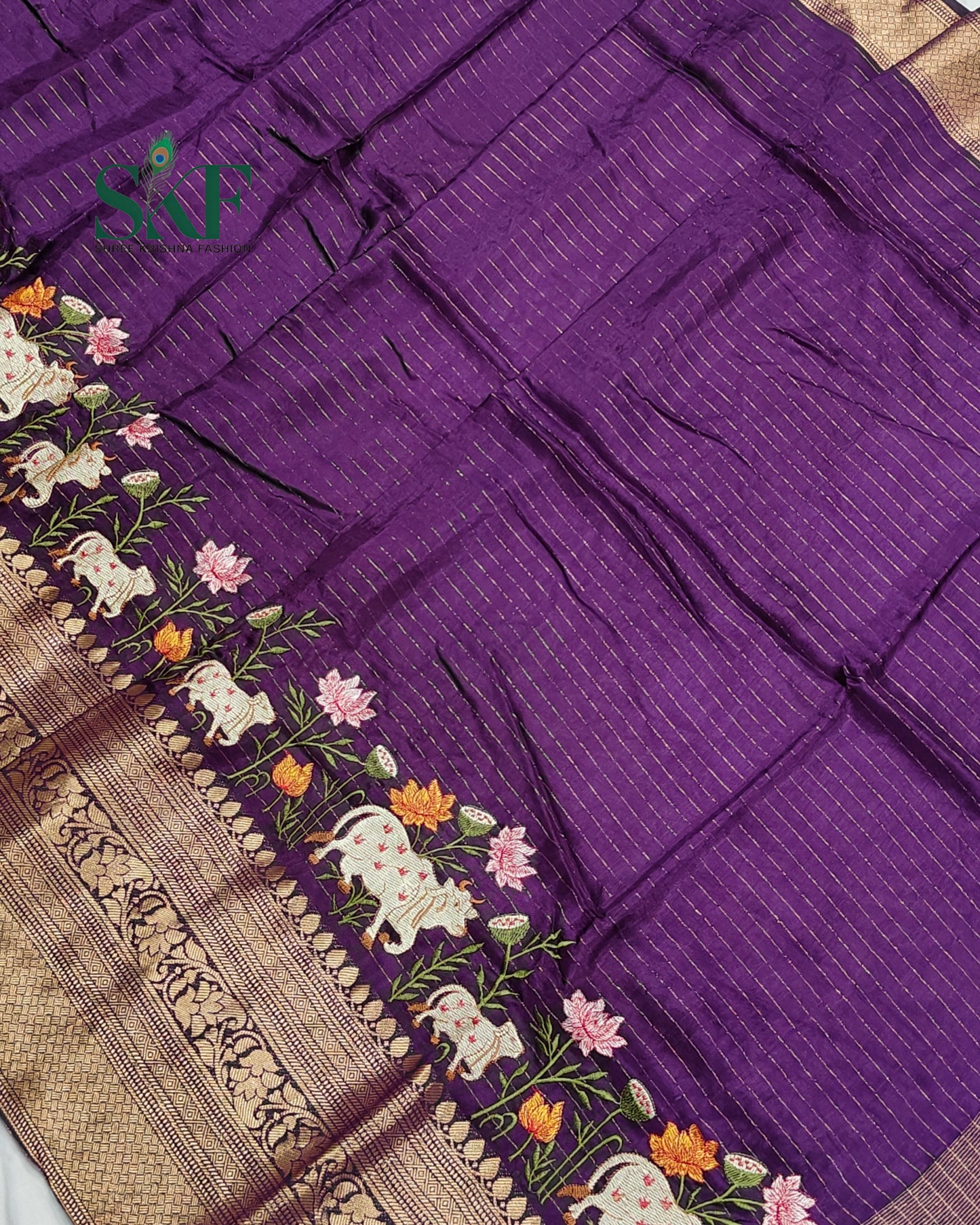 DOLA SILK MOTIF EMBROIDERY PANEL WEAVING BORDER WORK PURPLE SAREE BY SKFBHOLUBHAI